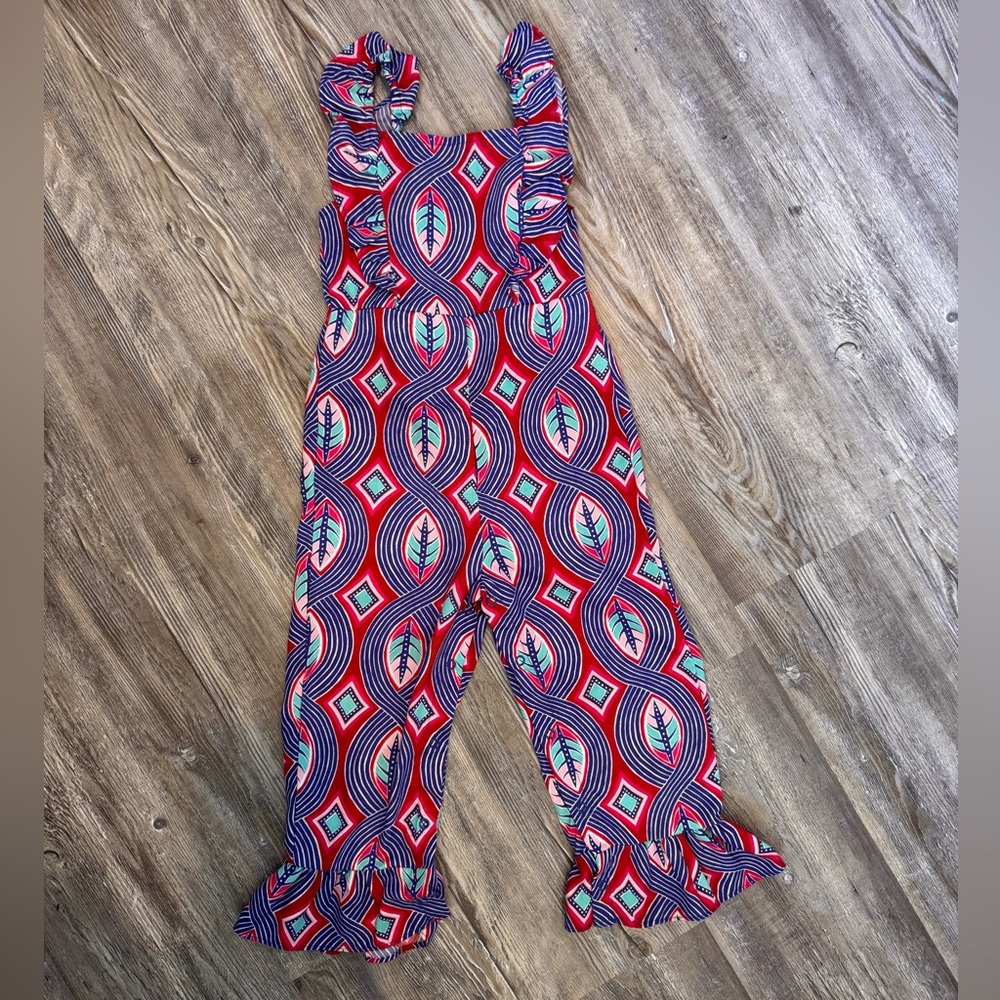 Genuine Kids by OshKosh Girls Ruffle Tank Snap Jumpsuit Blue Pink Design Size 3T